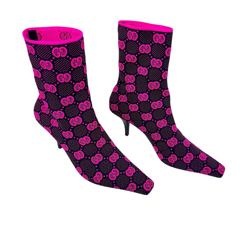 Gucci Technical GG Jersey Tom Boots Pink Black Neon Fuchsia Monogram Booties 42
